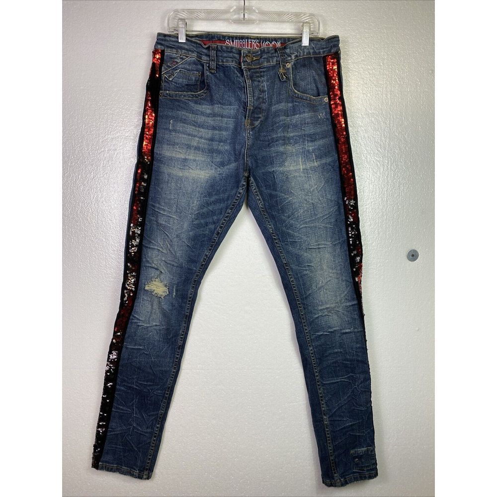 Smugglers Moon Mens Jeans 36/32 Red‎ Sequins Distressed Button fly Stretch Punk